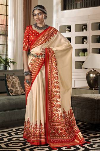 Beige patola silk blend saree with unstitched patola blouse piece