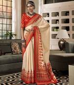 Beige patola silk blend saree with unstitched patola blouse piece