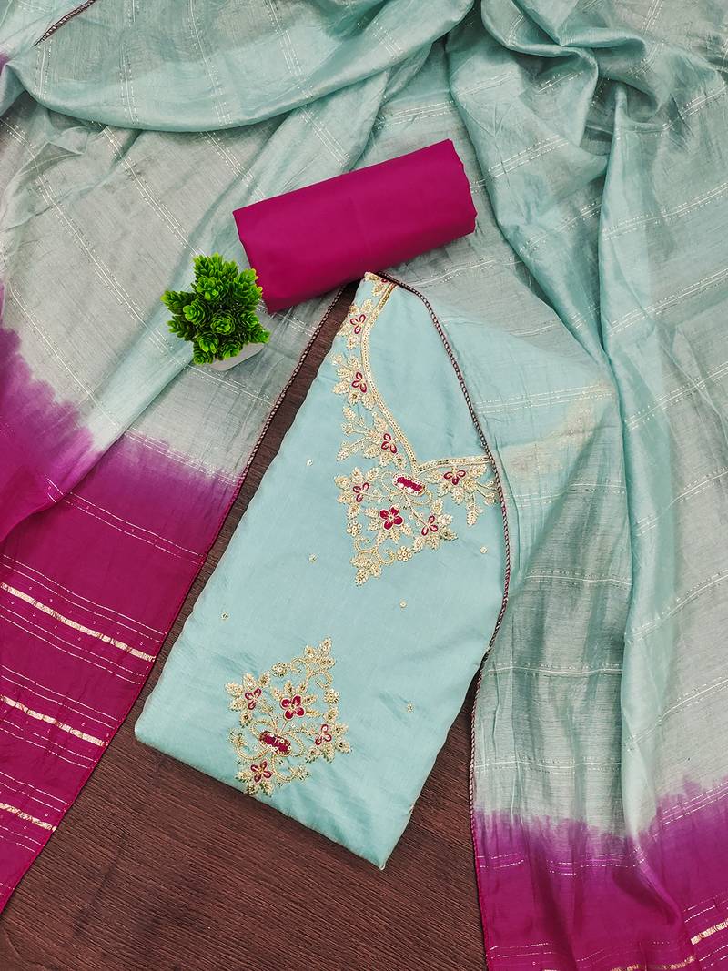 Blue coco silks top, hevy cotton bottom & jari sequins dupatta salwar suit dress material