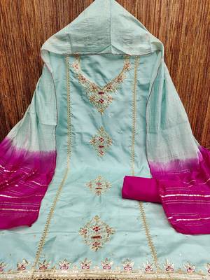 Blue coco silks top, hevy cotton bottom & jari sequins dupatta salwar suit dress material 3