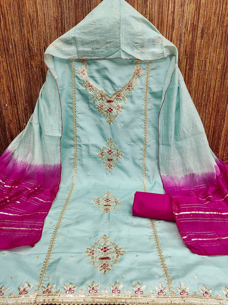 Blue coco silks top, hevy cotton bottom & jari sequins dupatta salwar suit dress material
