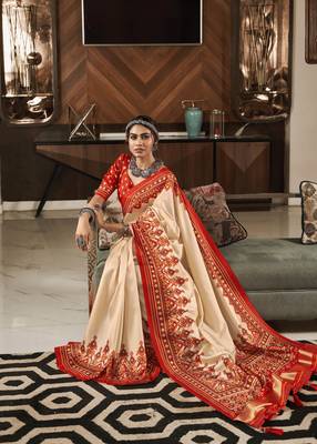 Beige patola silk blend saree with unstitched patola blouse piece 2