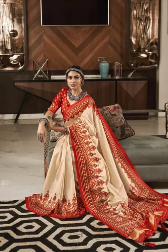 Beige patola silk blend saree with unstitched patola blouse piece