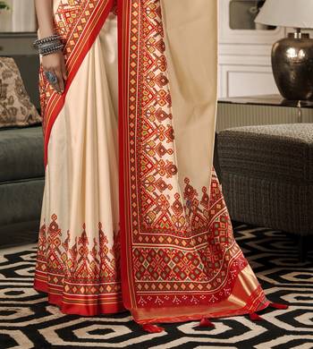 Beige patola silk blend saree with unstitched patola blouse piece 4