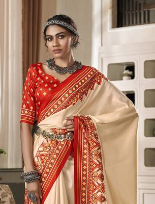 Beige patola silk blend saree with unstitched patola blouse piece 5