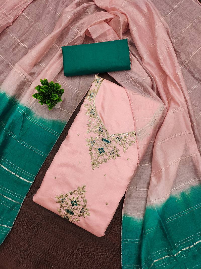 Peach coco silks top, hevy cotton bottom & jari sequins dupatta salwar suit dress material