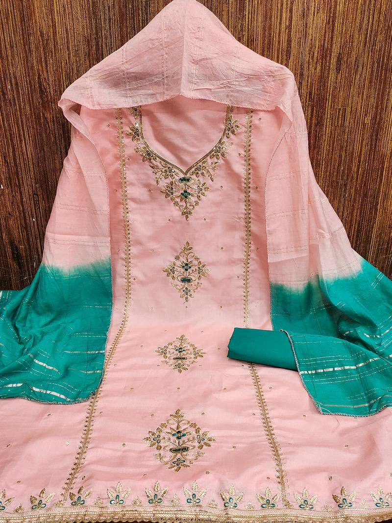Peach coco silks top, hevy cotton bottom & jari sequins dupatta salwar suit dress material