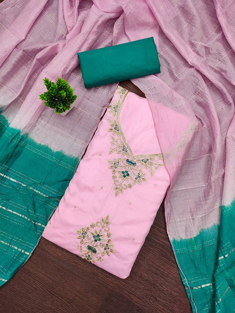 Pink coco silks top, hevy cotton bottom & jari sequins dupatta salwar suit dress material