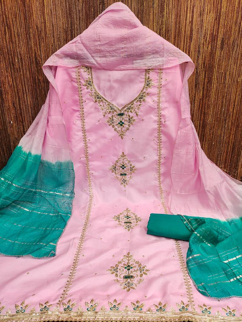 Pink coco silks top, hevy cotton bottom & jari sequins dupatta salwar suit dress material