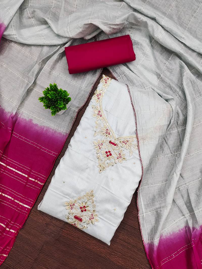 White coco silks top, hevy cotton bottom & jari sequins dupatta salwar suit dress material
