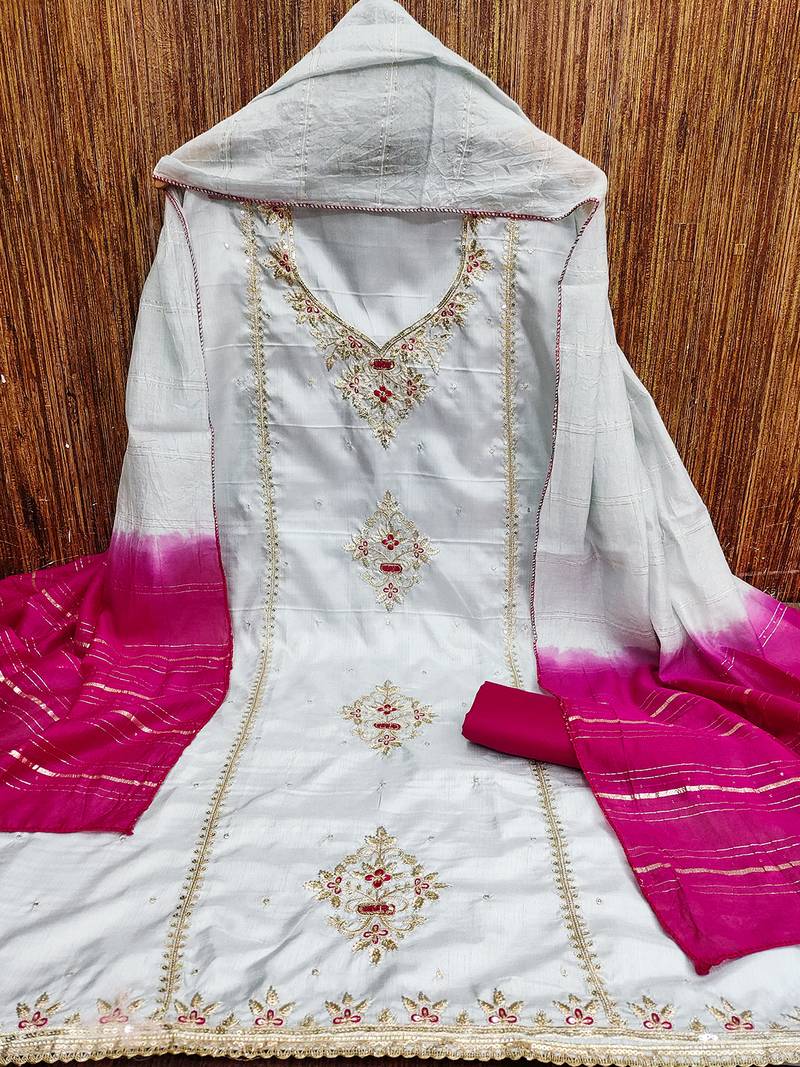 White coco silks top, hevy cotton bottom & jari sequins dupatta salwar suit dress material