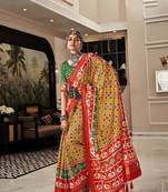 Yellow-red patola silk blend saree with unstitched patola blouse piece