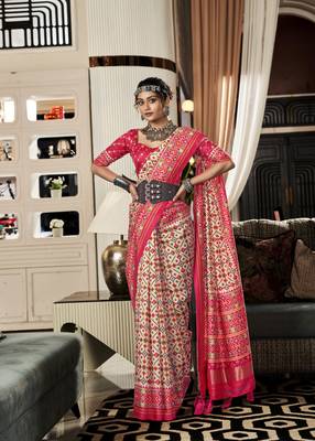 Cream-pink patola silk blend saree with unstitched patola blouse piece 1