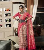 Cream-pink patola silk blend saree with unstitched patola blouse piece