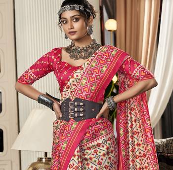 Cream-pink patola silk blend saree with unstitched patola blouse piece 5