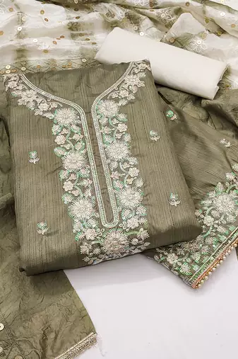 Greyish green jalpari top, hevy cotton bottom & modal dupatta salwar suit dress material