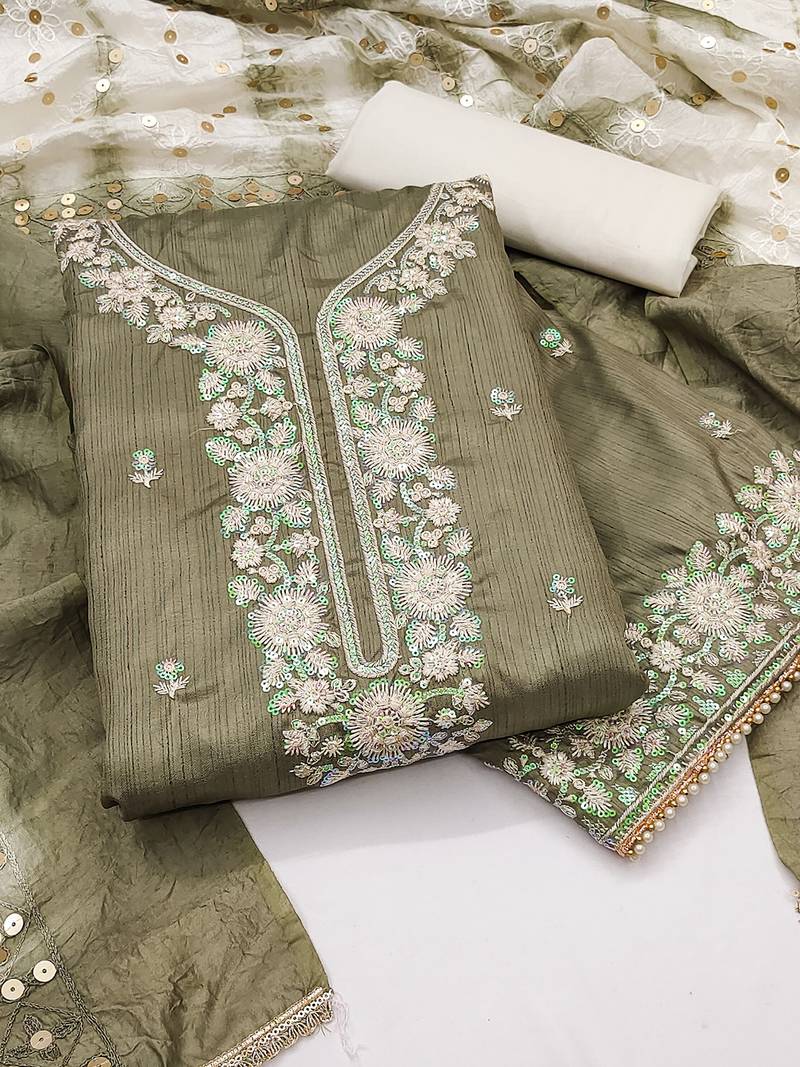 Greyish green jalpari top, hevy cotton bottom & modal dupatta salwar suit dress material