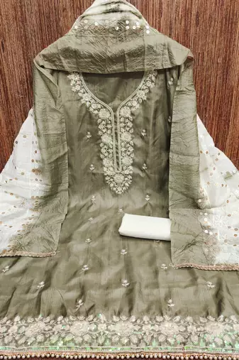 Greyish green jalpari top, hevy cotton bottom & modal dupatta salwar suit dress material