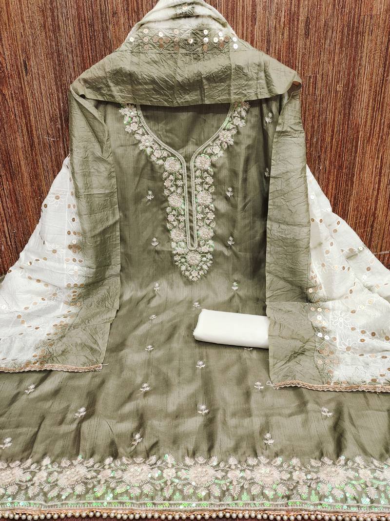 Greyish green jalpari top, hevy cotton bottom & modal dupatta salwar suit dress material