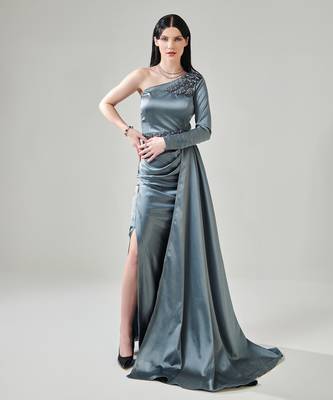 Ash grey cowl detail gown 1