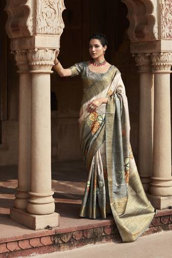 Grey silk blend saree with unstitched blouse piece
