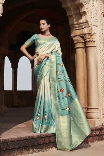 Turquoise silk blend saree with unstitched blouse piece