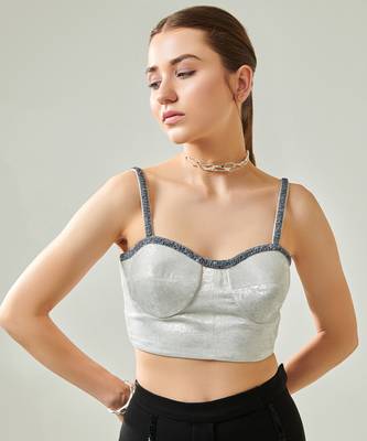 Silver corset and hand embroidered pants set with faux pocket detail 2