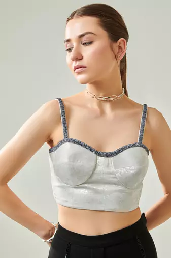 Silver corset and hand embroidered pants set with faux pocket detail