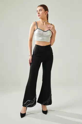 Silver corset and hand embroidered pants set with faux pocket detail