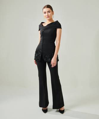 Black off shoulder drape co ord set 1