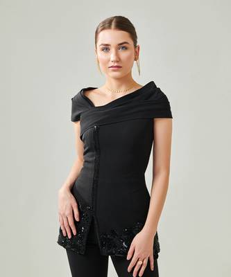 Black off shoulder drape co ord set 3