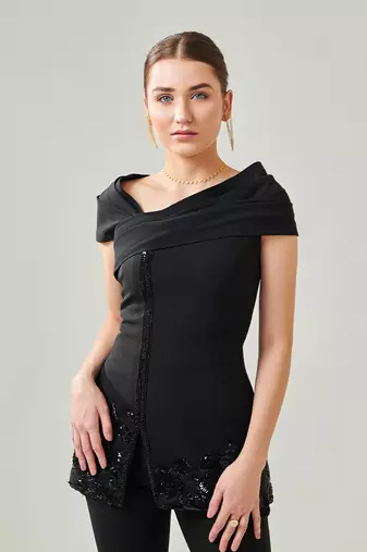 Black off shoulder drape co ord set