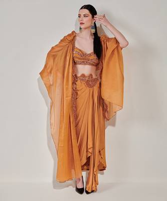 Honey mustard cowl cape set with asymmetricdrape skirt 1