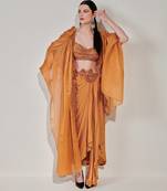 Honey mustard cowl cape set with asymmetricdrape skirt
