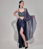 Charcoal drape saree set with detachable palla