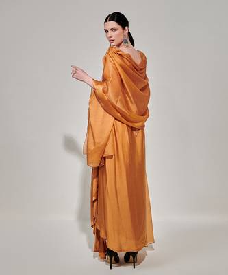 Honey mustard cowl cape set with asymmetricdrape skirt 2