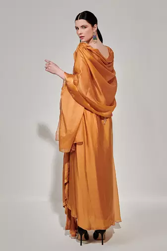 Honey mustard cowl cape set with asymmetricdrape skirt
