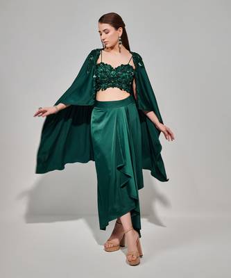 Emerald green hand embroidered cape set with cutwork blouse and drape skirt 1