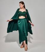 Emerald green hand embroidered cape set with cutwork blouse and drape skirt