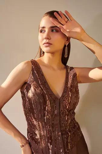 Earthy brown jacket and skirt set