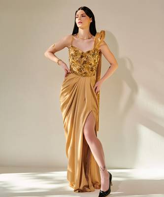 Golden hand embroidered drape gown with 3d hand embellished trail 1
