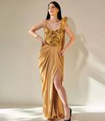 Golden hand embroidered drape gown with 3d hand embellished trail