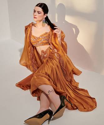 Honey mustard cowl cape set with asymmetricdrape skirt 3
