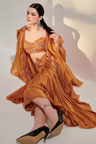 Honey mustard cowl cape set with asymmetricdrape skirt