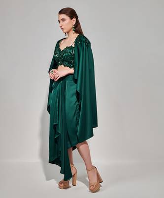 Emerald green hand embroidered cape set with cutwork blouse and drape skirt 2