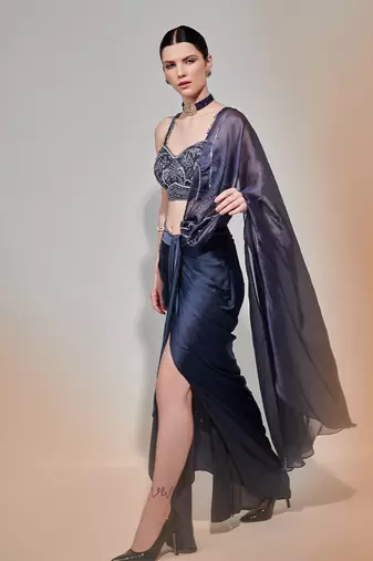 Charcoal drape saree set with detachable palla