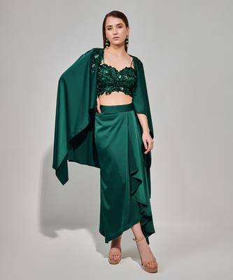 Emerald green hand embroidered cape set with cutwork blouse and drape skirt 3
