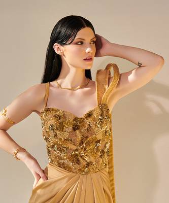 Golden hand embroidered drape gown with 3d hand embellished trail 2