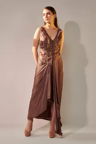 Earthy brown jacket and skirt set