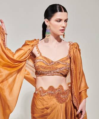 Honey mustard cowl cape set with asymmetricdrape skirt 4